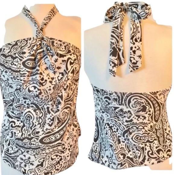 INC Halter Top 100% Silk, Brown Cream Floral Tropical - Picture 1 of 8